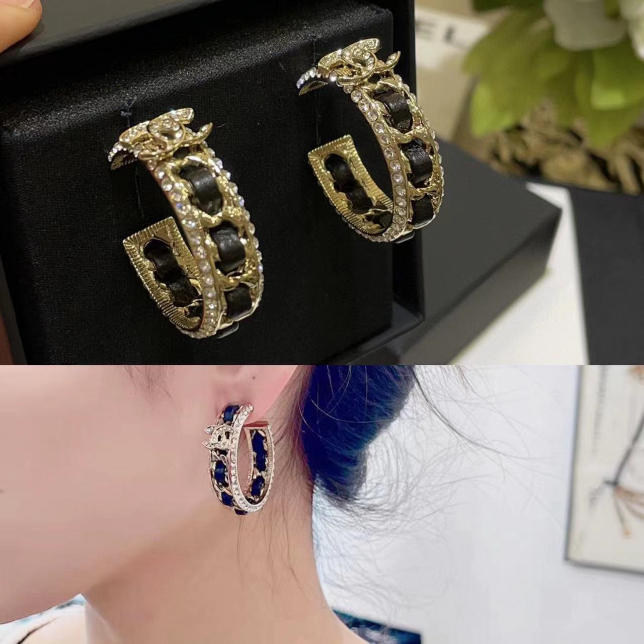 CHANE1 フル ダイヤモンド ダブル C チェーン フープ イヤリング【 50％割引+送料無料】