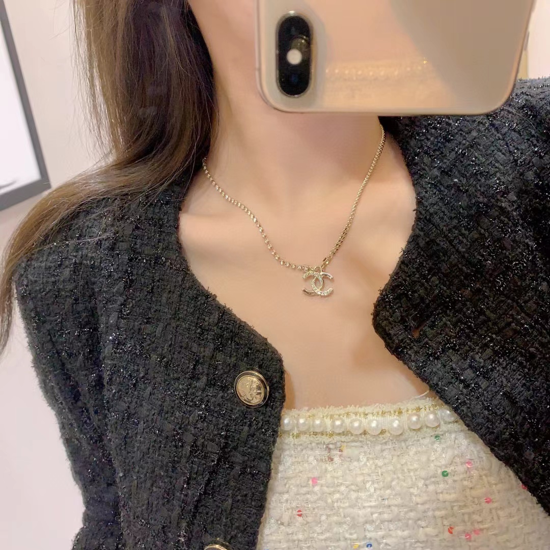 CHANE1 ラインストーン チェーン ダブル C ネックレス【 50％割引+送料無料】