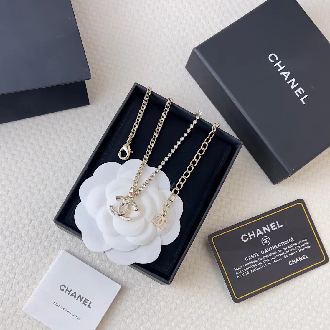 CHANE1 ラインストーン チェーン ダブル C ネックレス【 50％割引+送料無料】