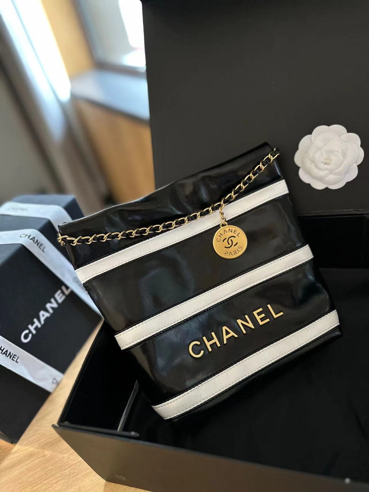 CHANE1 ストライプチェーンショッピングバッグ【 50％割引+送料無料】