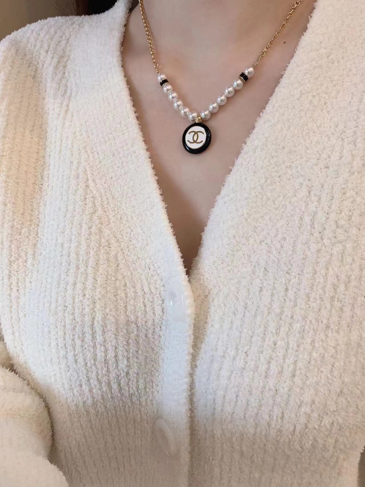 CHANE1 ダブルC ラウンドパールネックレス【50％割引+送料無料】