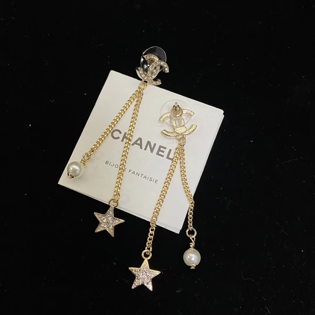 CHANE1 ダブルCタッセルスターピアス【50％割引+送料無料】