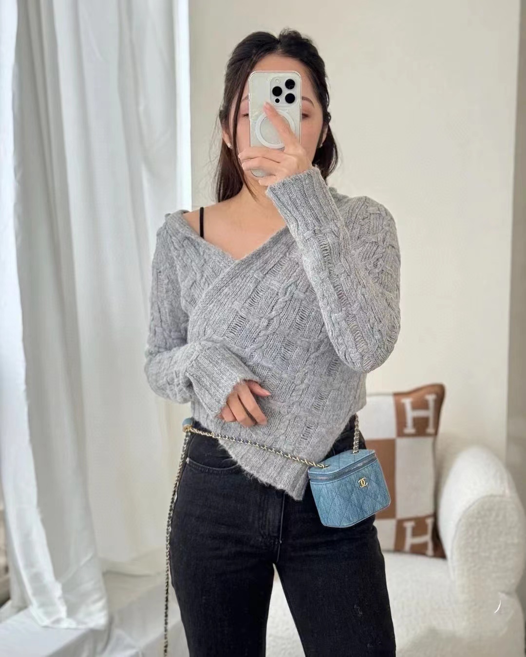 CHANE1 ゴールデンボールデニムショルダースクエアバッグ【50％割引+送料無料】