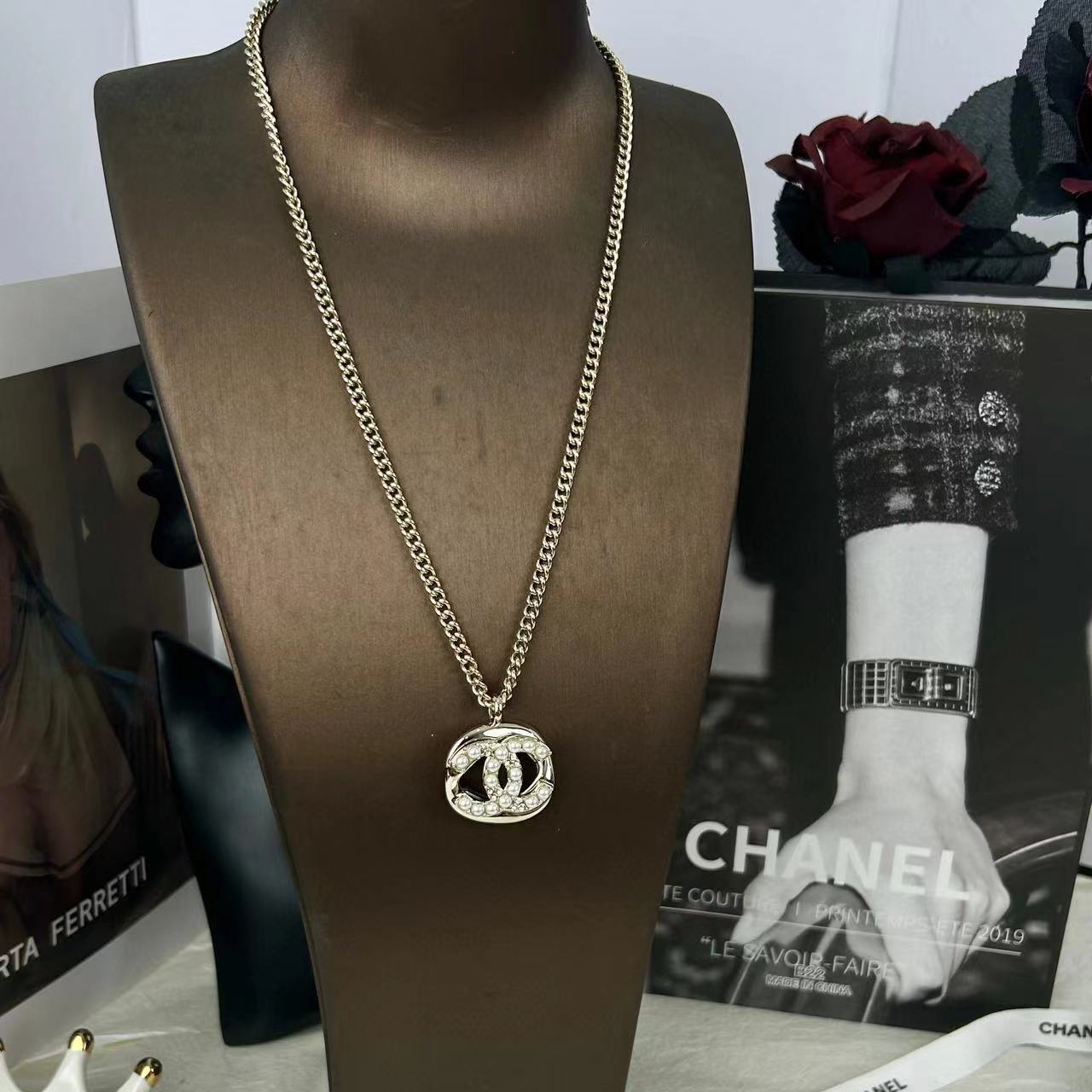 CHANE1 スクエア ダブルC パールネックレス【50％割引+送料無料】