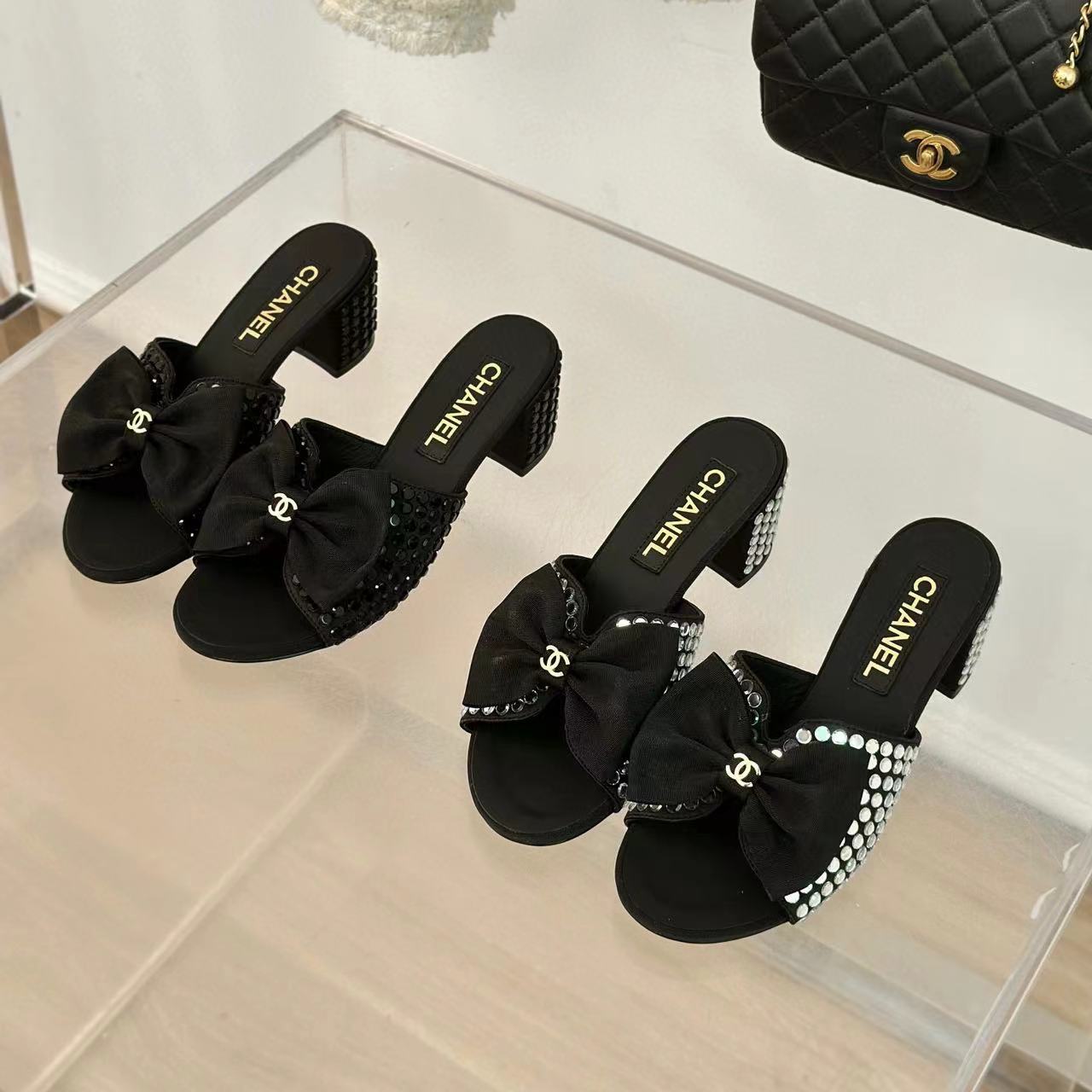 CHANE1 高品質リボンダブル C ラインストーンハイヒールスリッパ F【50％割引+送料無料】