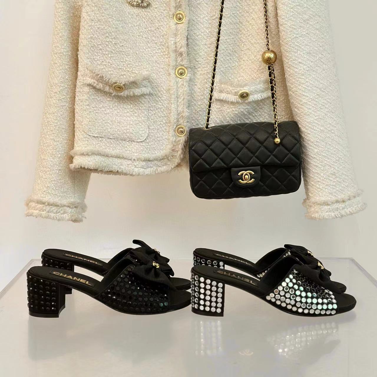 CHANE1 高品質リボンダブル C ラインストーンハイヒールスリッパ F【50％割引+送料無料】