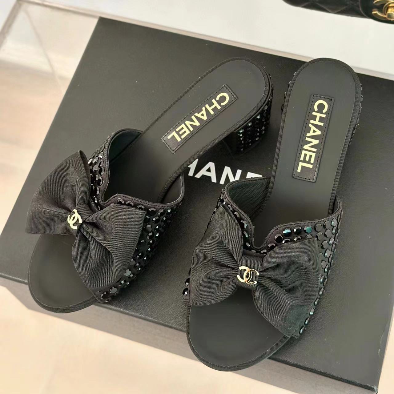 CHANE1 高品質リボンダブル C ラインストーンハイヒールスリッパ F【50％割引+送料無料】
