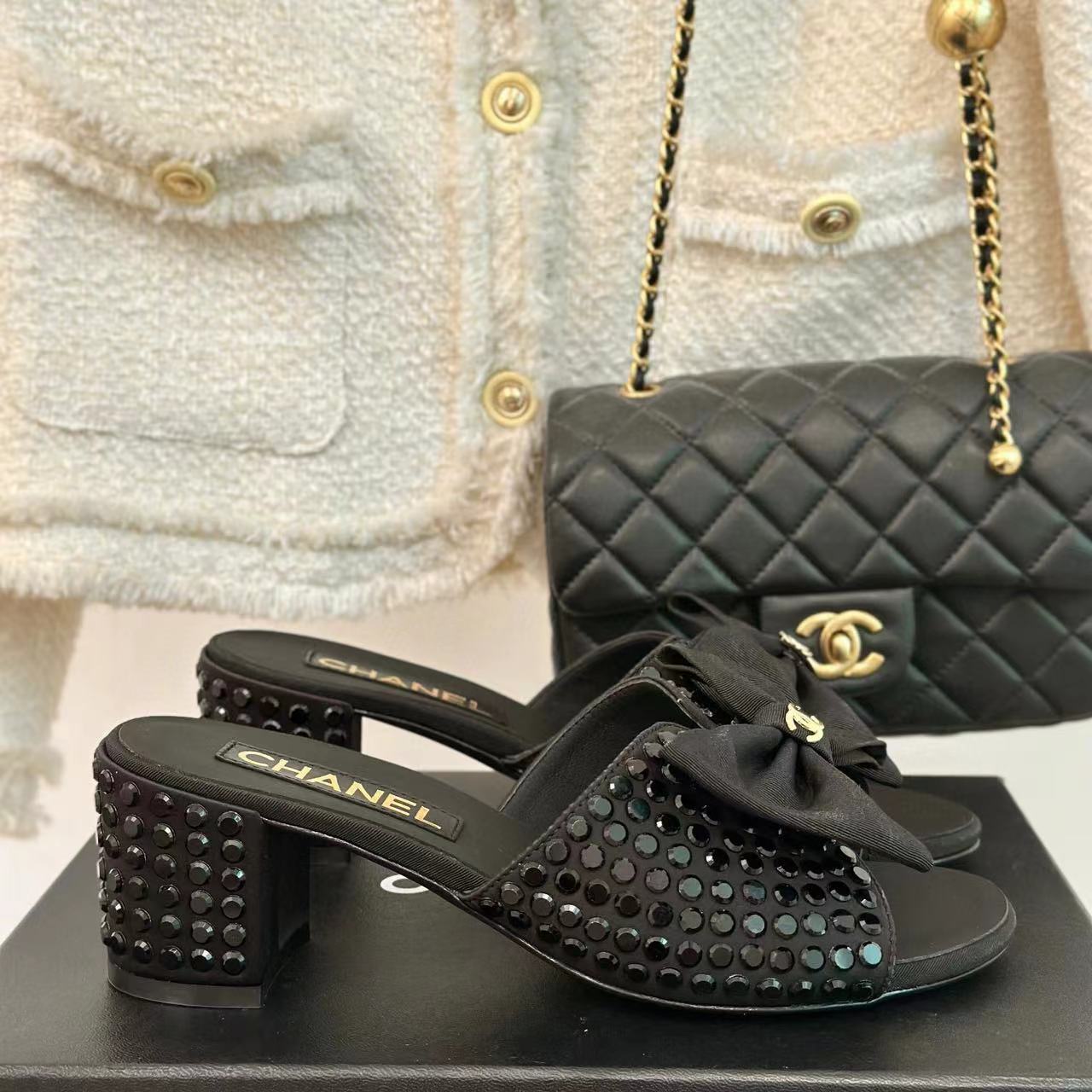 CHANE1 高品質リボンダブル C ラインストーンハイヒールスリッパ F【50％割引+送料無料】