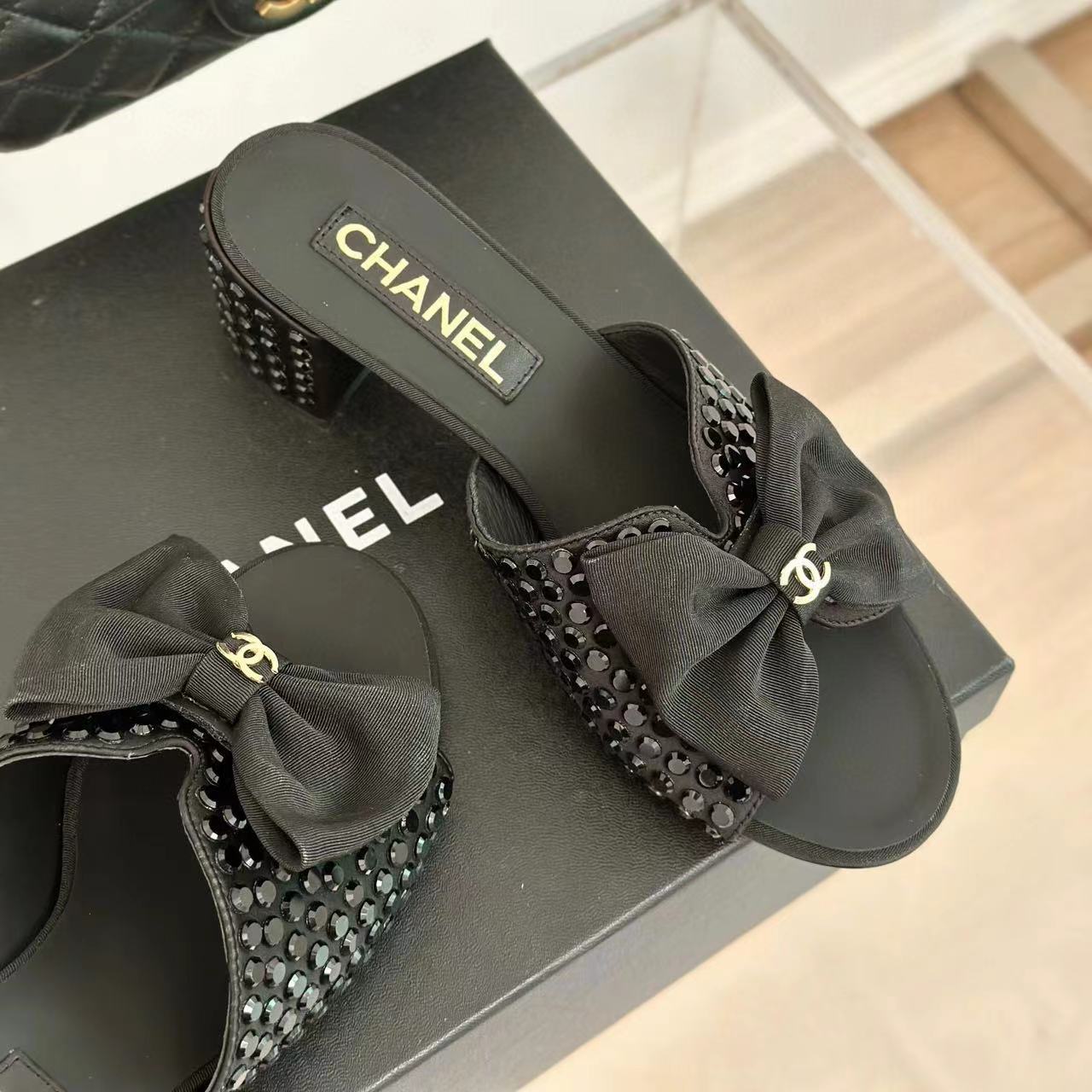 CHANE1 高品質リボンダブル C ラインストーンハイヒールスリッパ F【50％割引+送料無料】