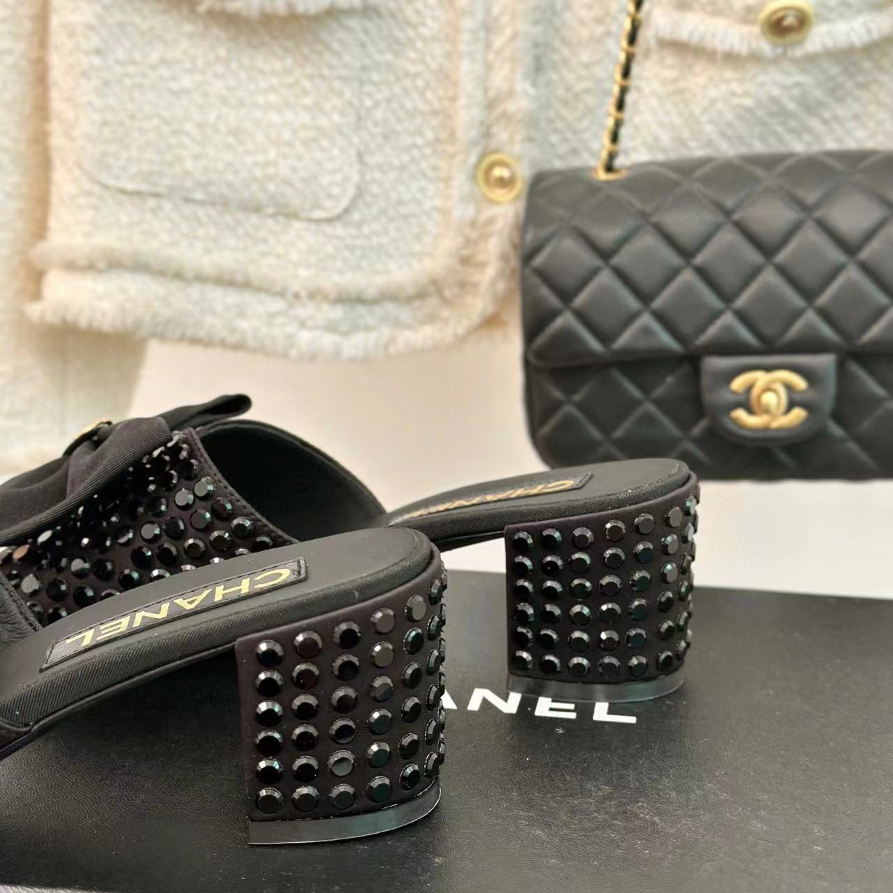 CHANE1 高品質リボンダブル C ラインストーンハイヒールスリッパ F【50％割引+送料無料】