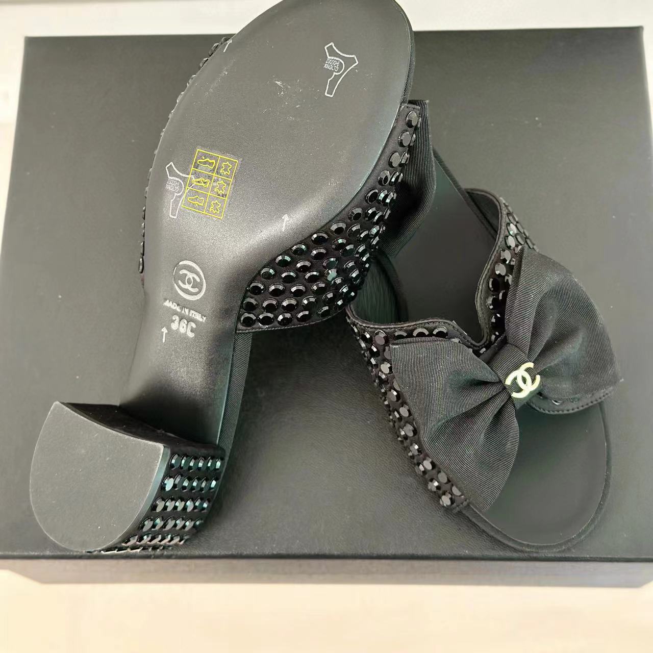 CHANE1 高品質リボンダブル C ラインストーンハイヒールスリッパ F【50％割引+送料無料】