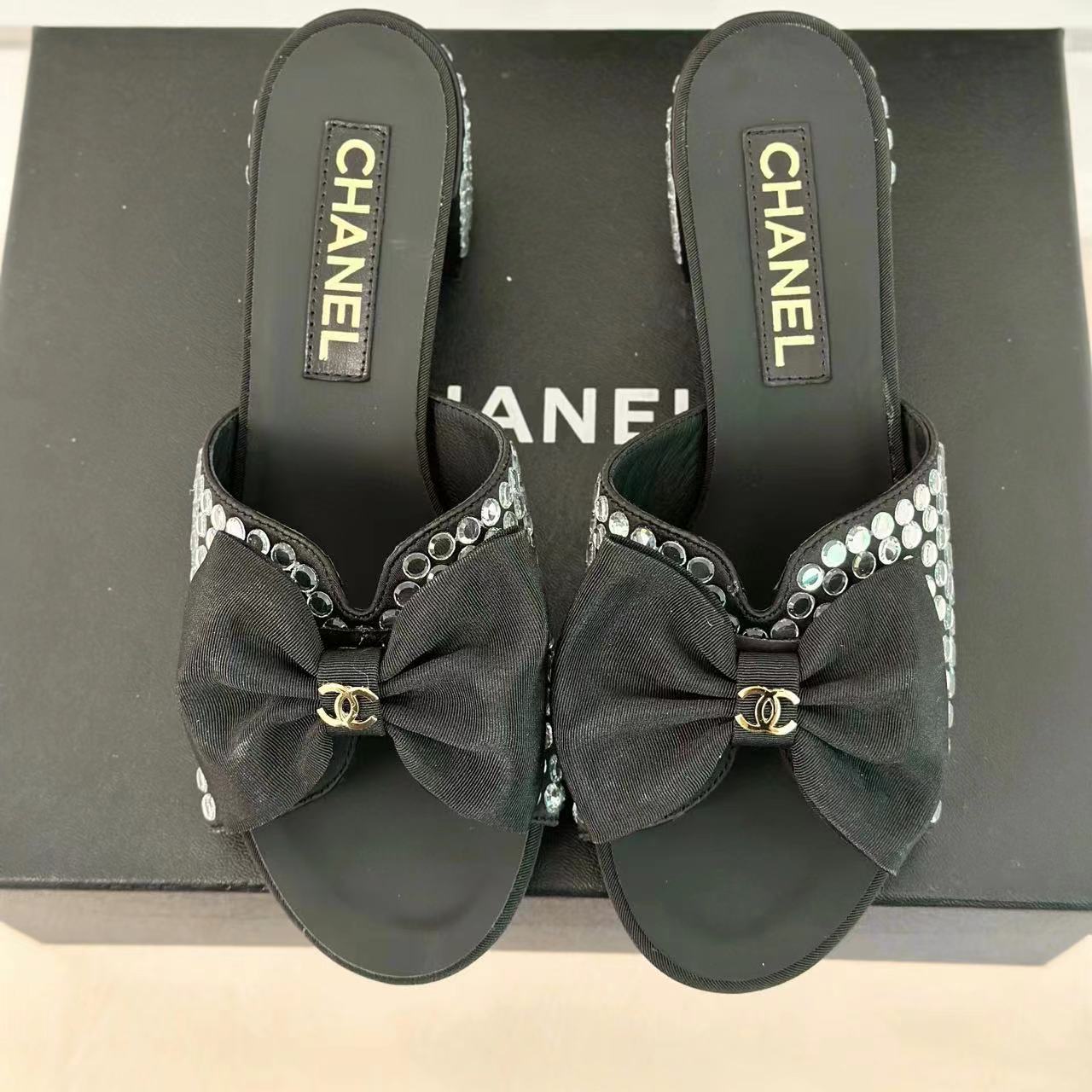 CHANE1 高品質リボンダブル C ラインストーンハイヒールスリッパ F【50％割引+送料無料】