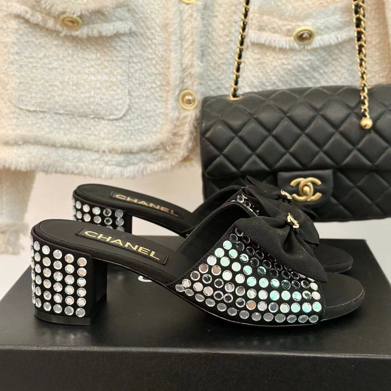 CHANE1 高品質リボンダブル C ラインストーンハイヒールスリッパ F【50％割引+送料無料】