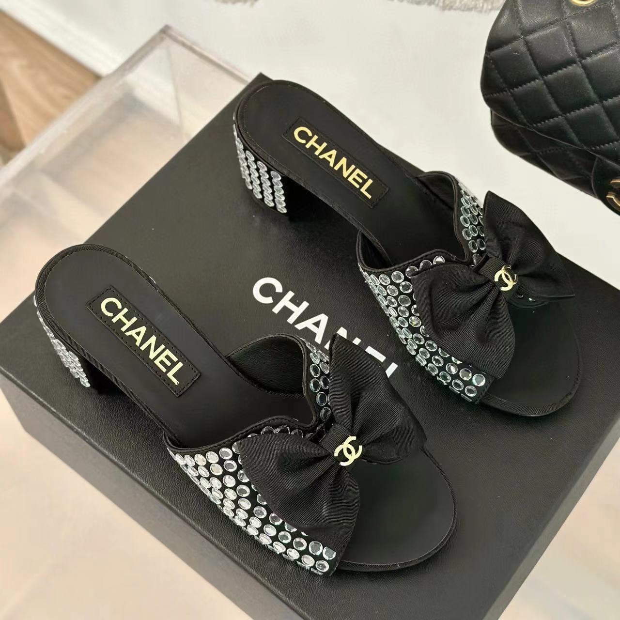 CHANE1 高品質リボンダブル C ラインストーンハイヒールスリッパ F【50％割引+送料無料】
