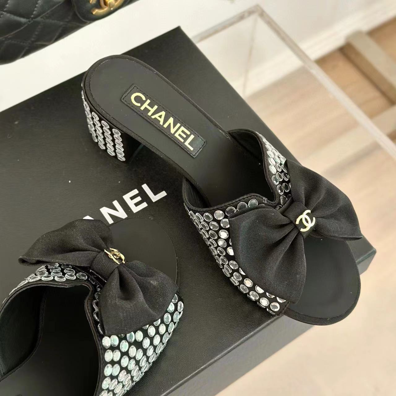 CHANE1 高品質リボンダブル C ラインストーンハイヒールスリッパ F【50％割引+送料無料】