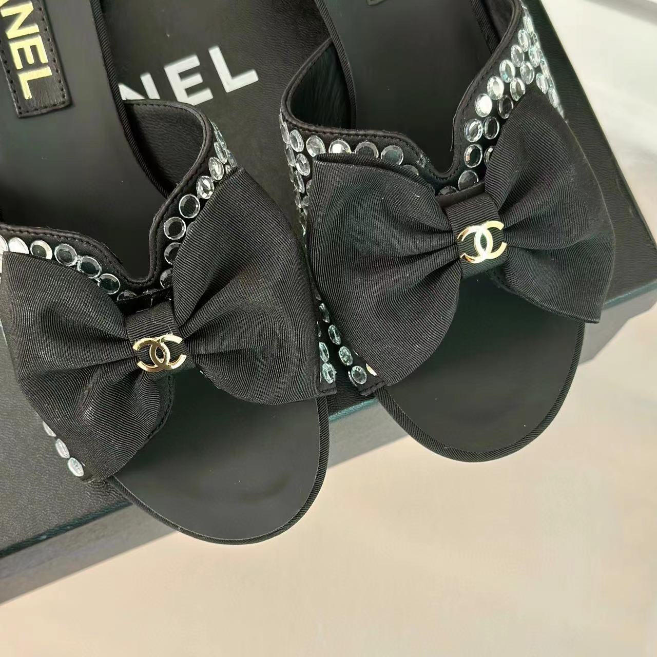 CHANE1 高品質リボンダブル C ラインストーンハイヒールスリッパ F【50％割引+送料無料】