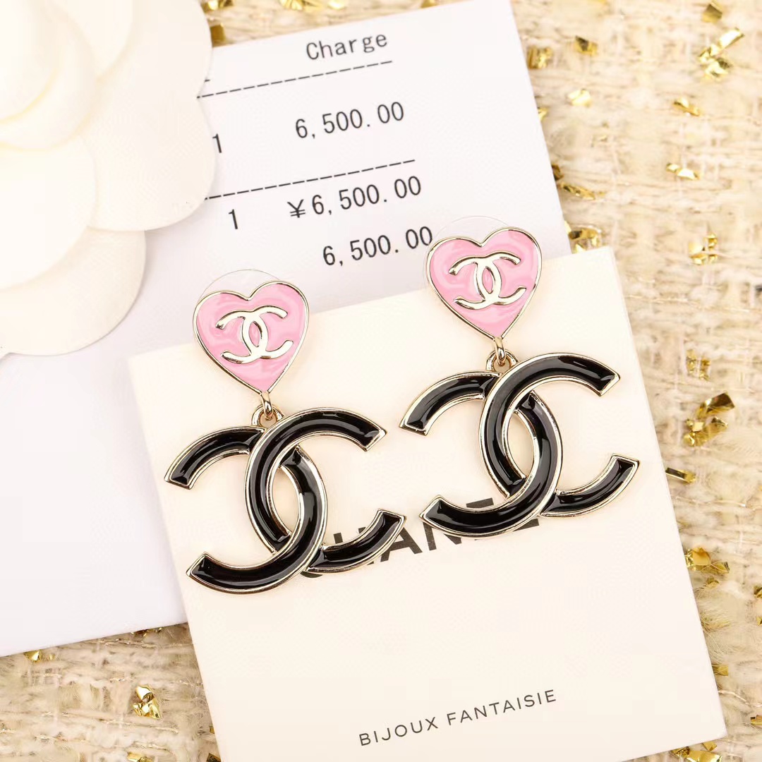 CHANE1 ピンク ハート ダブル C スタッド ピアス【50％割引+送料無料】