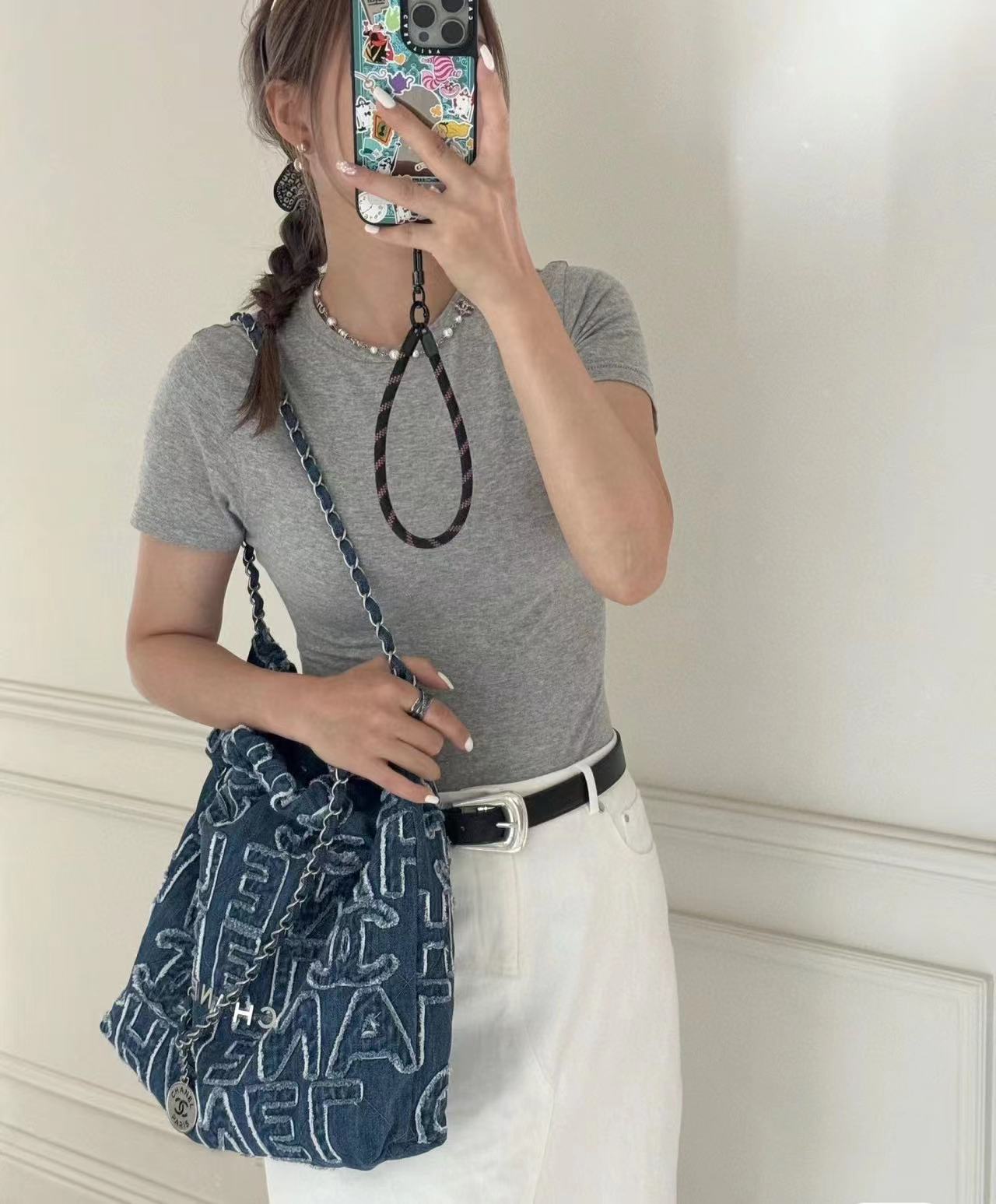 CHANE1 デニムレターチェーンショッピングバッグ【50％割引+送料無料】