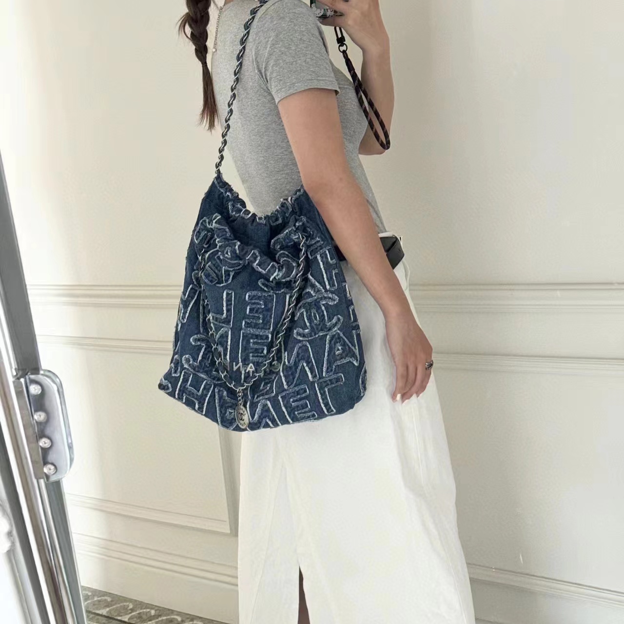 CHANE1 デニムレターチェーンショッピングバッグ【50％割引+送料無料】