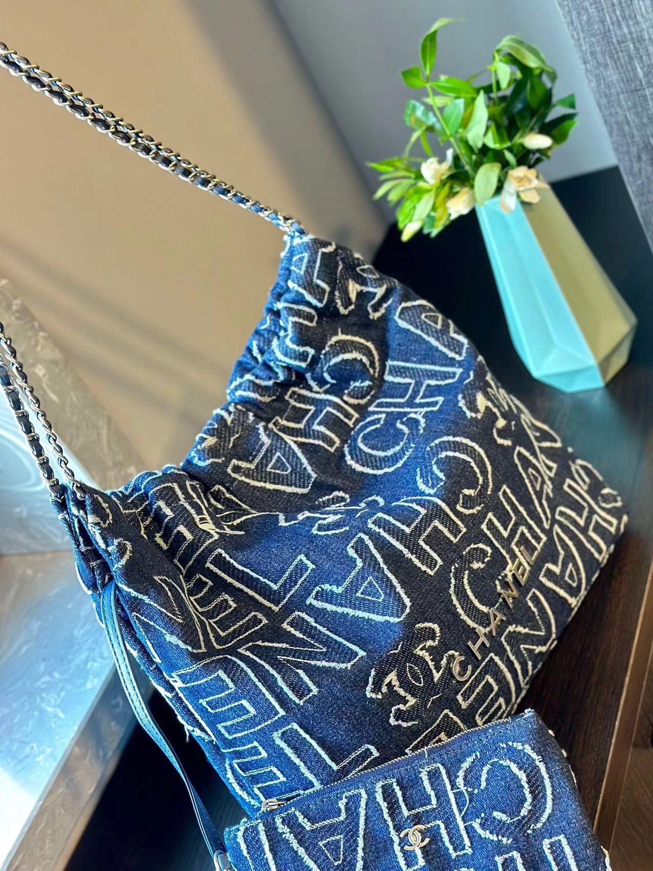 CHANE1 デニムレターチェーンショッピングバッグ【50％割引+送料無料】