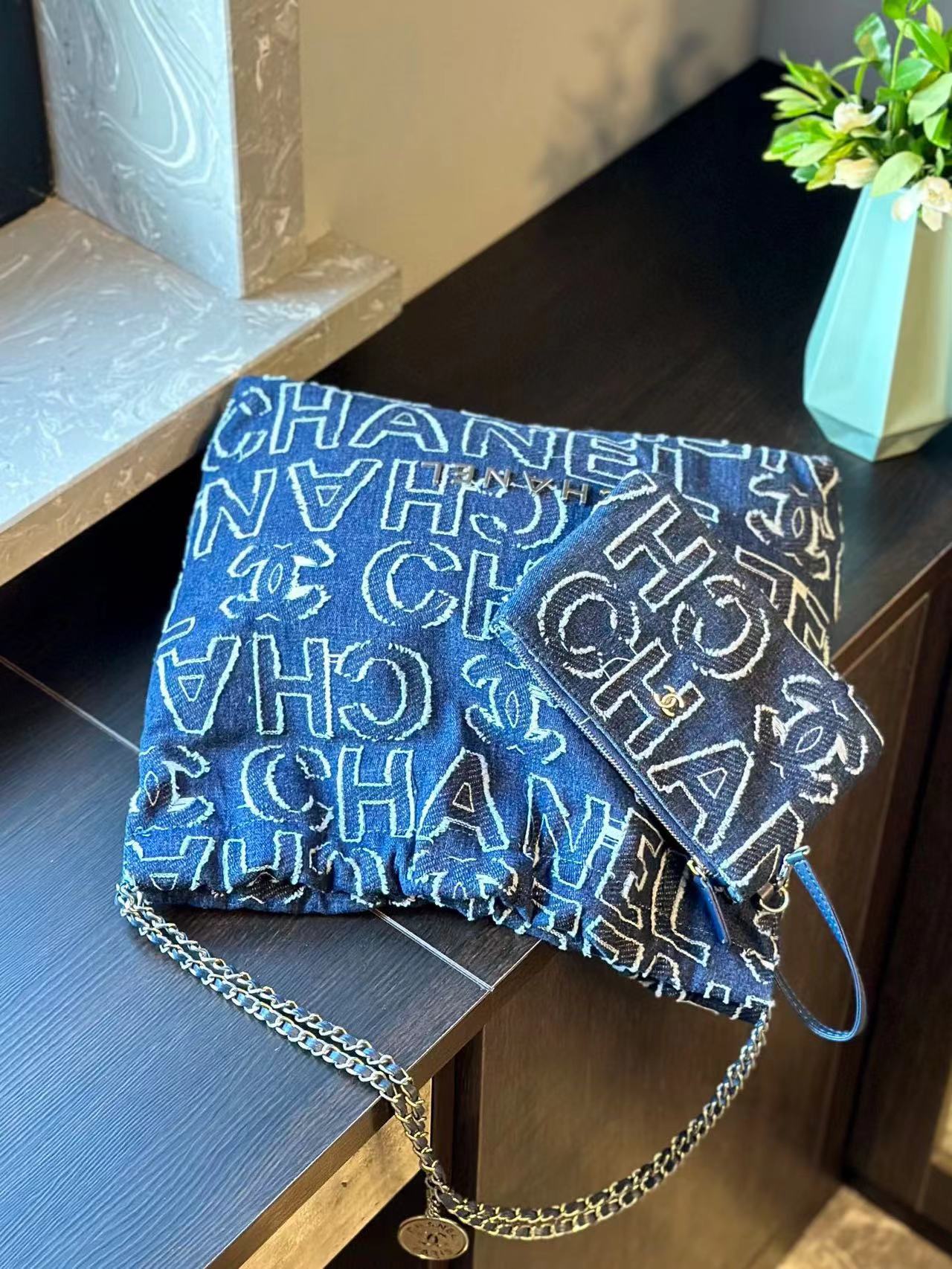 CHANE1 デニムレターチェーンショッピングバッグ【50％割引+送料無料】
