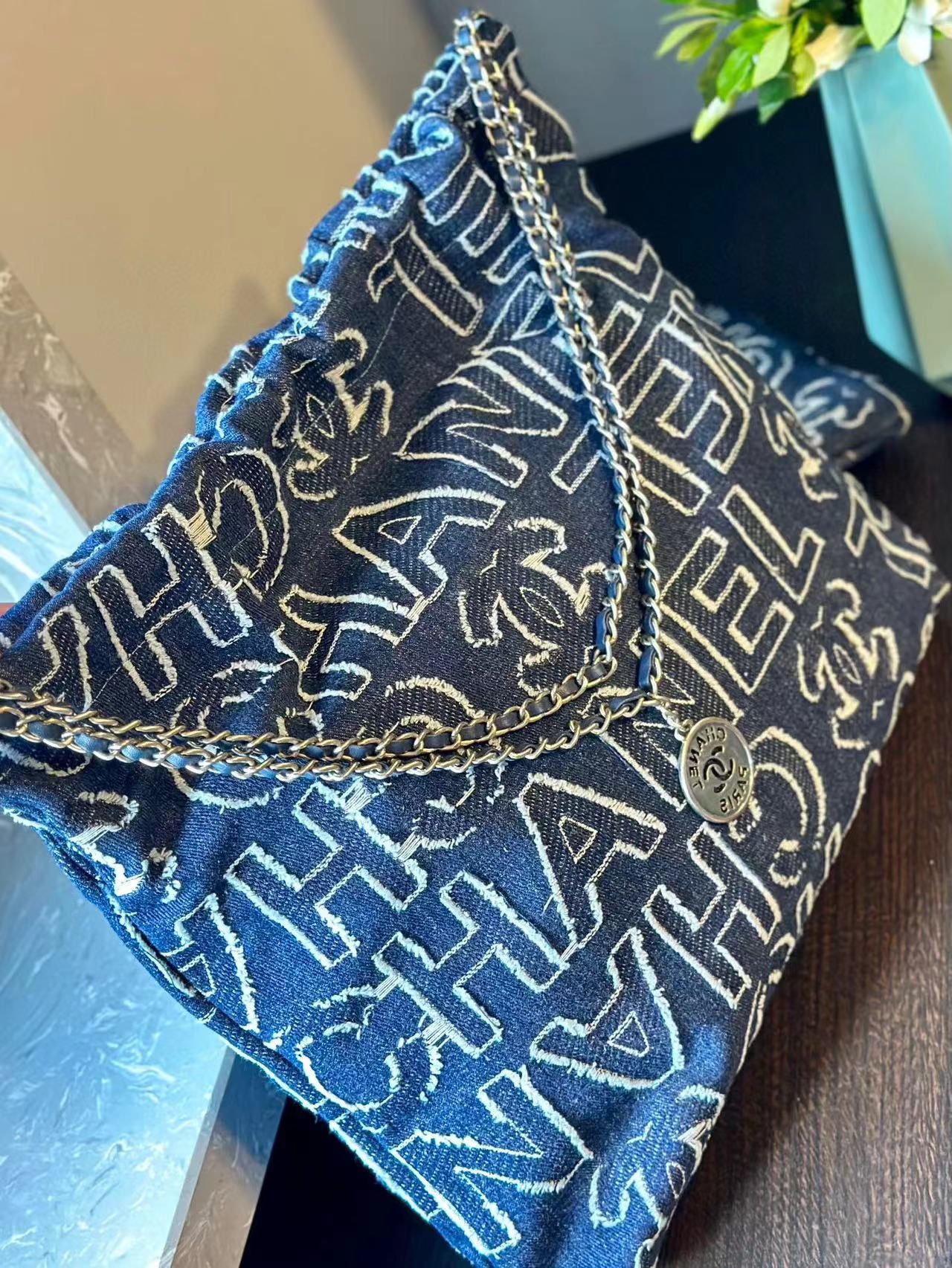 CHANE1 デニムレターチェーンショッピングバッグ【50％割引+送料無料】