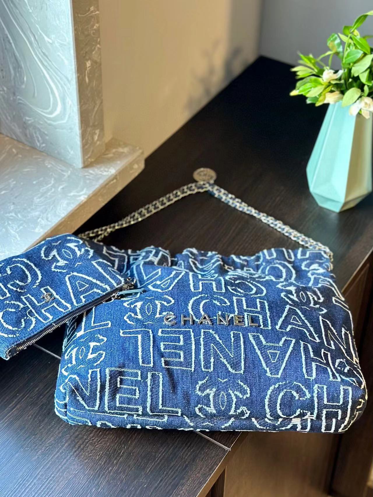 CHANE1 デニムレターチェーンショッピングバッグ【50％割引+送料無料】
