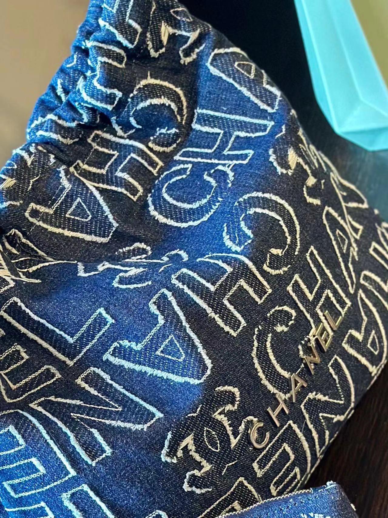 CHANE1 デニムレターチェーンショッピングバッグ【50％割引+送料無料】