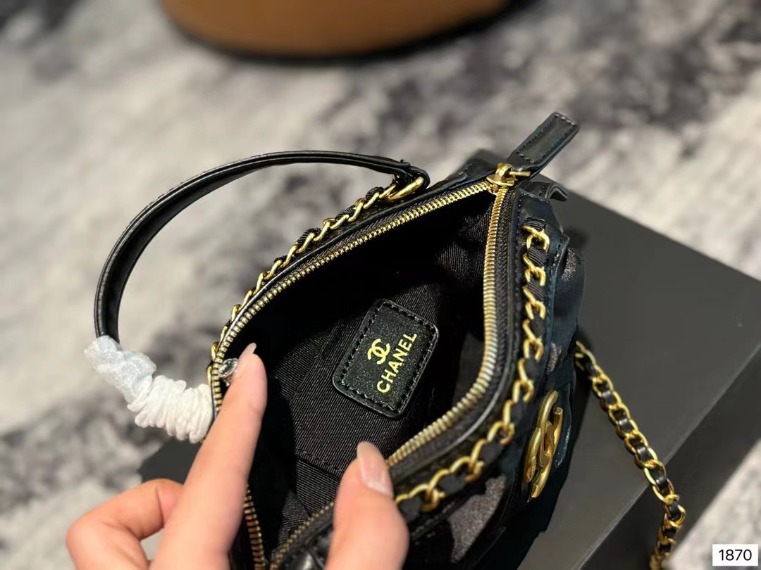 CHANE1 ブラック ゴールド サテン ハンドバッグ【50％割引+送料無料】