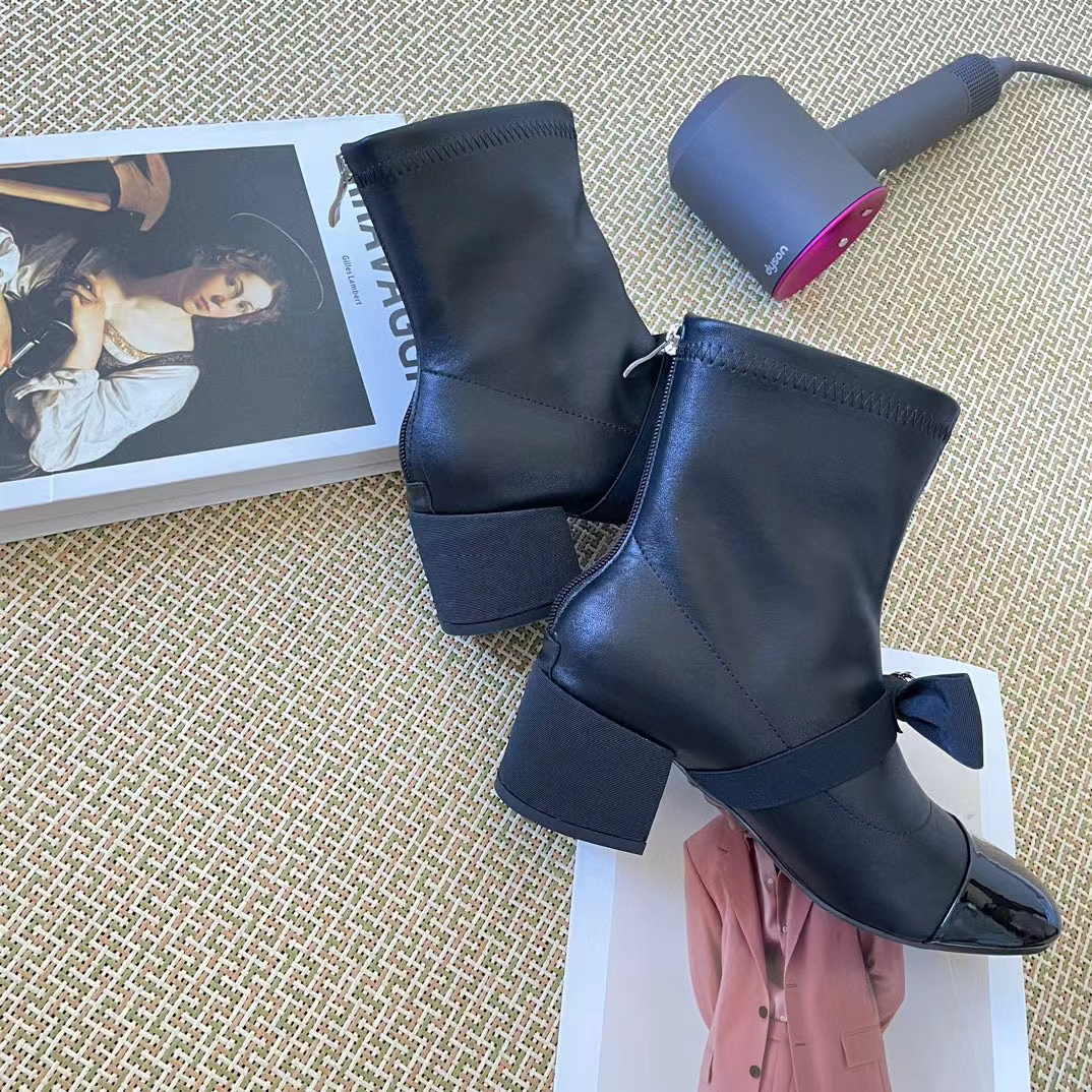 CHANE1 カラーブロック ボウ ブーティ【50％割引+送料無料】