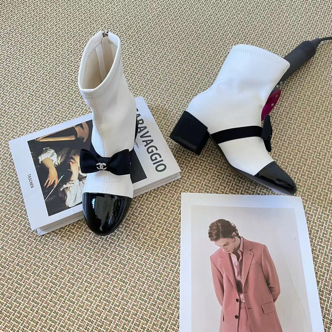 CHANE1 カラーブロック ボウ ブーティ【50％割引+送料無料】