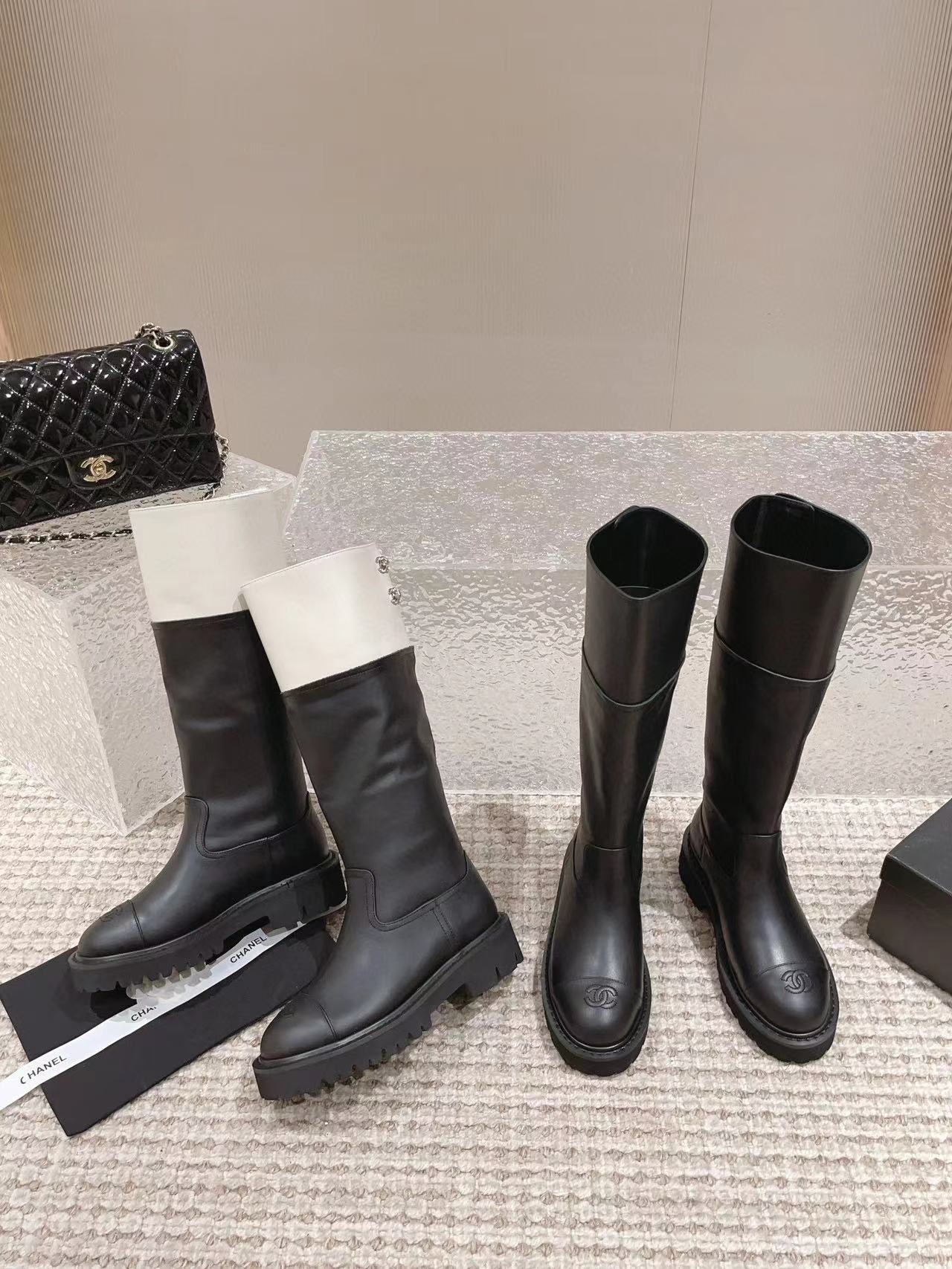 CHANE1 高品質ダブルCカラーブロックヒールブーツ【50％割引+送料無料】