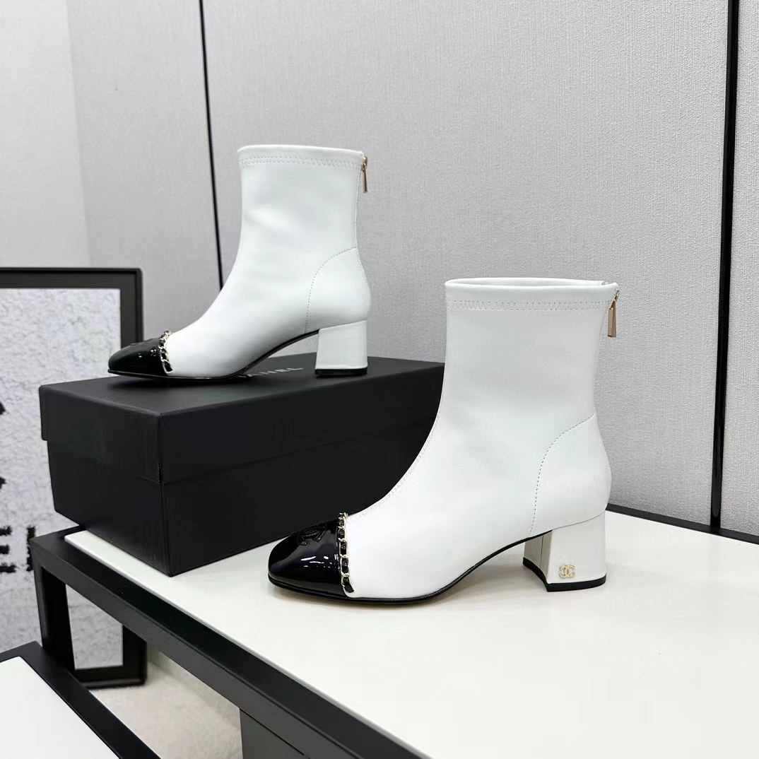 CHANE1 高品質 スクエアトゥ 太ヒール チェーンショートブーツ【50％割引+送料無料】
