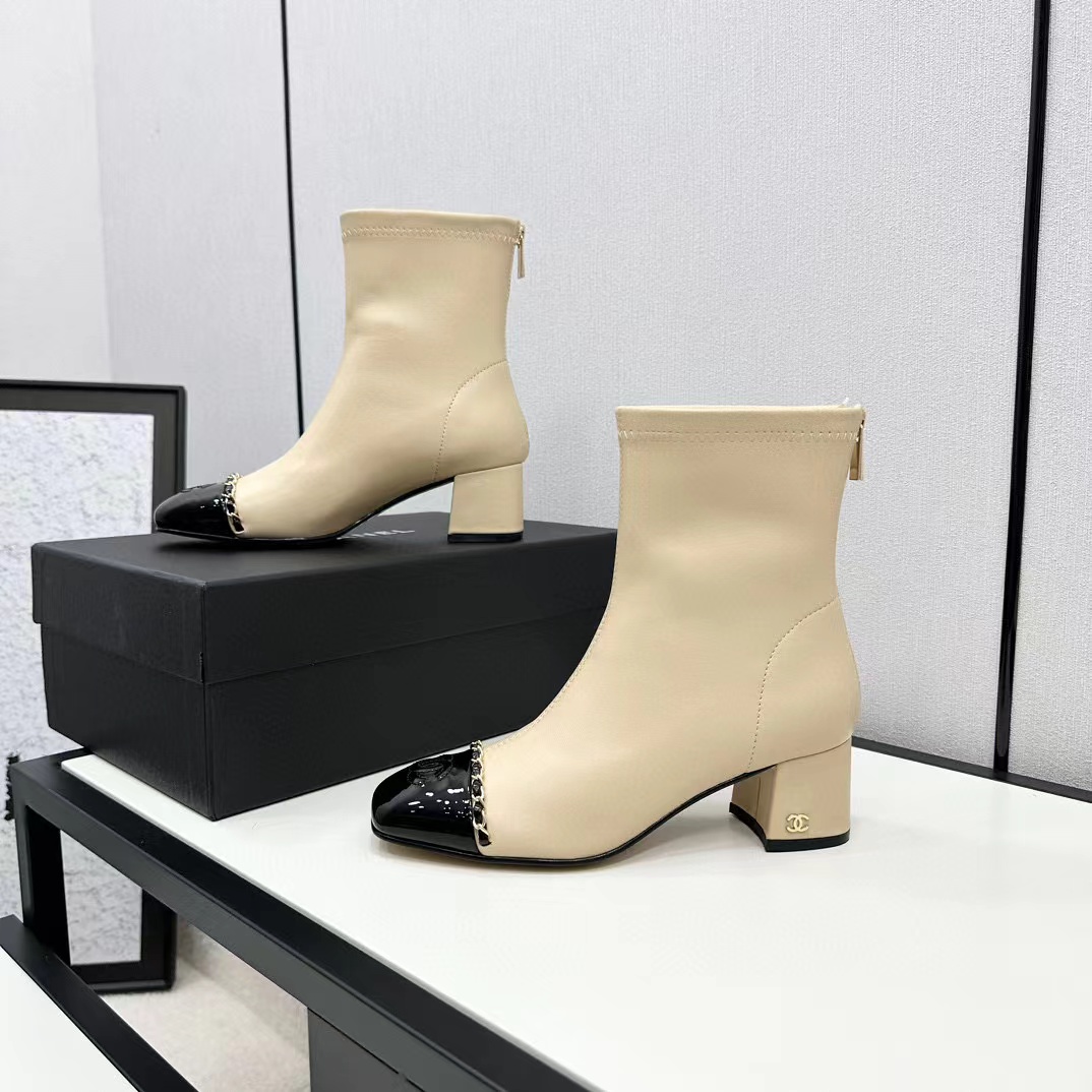 CHANE1 高品質 スクエアトゥ 太ヒール チェーンショートブーツ【50％割引+送料無料】