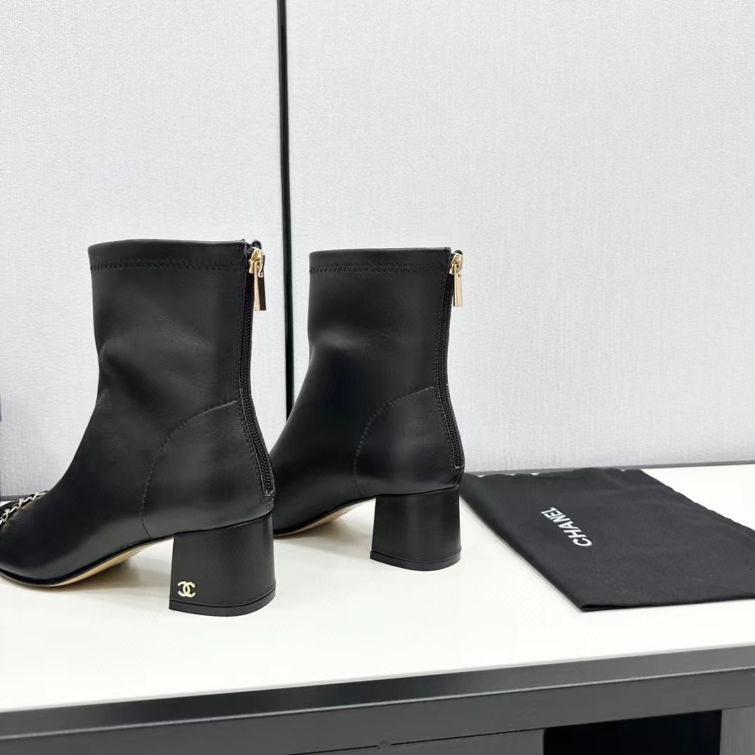 CHANE1 高品質 スクエアトゥ 太ヒール チェーンショートブーツ【50％割引+送料無料】