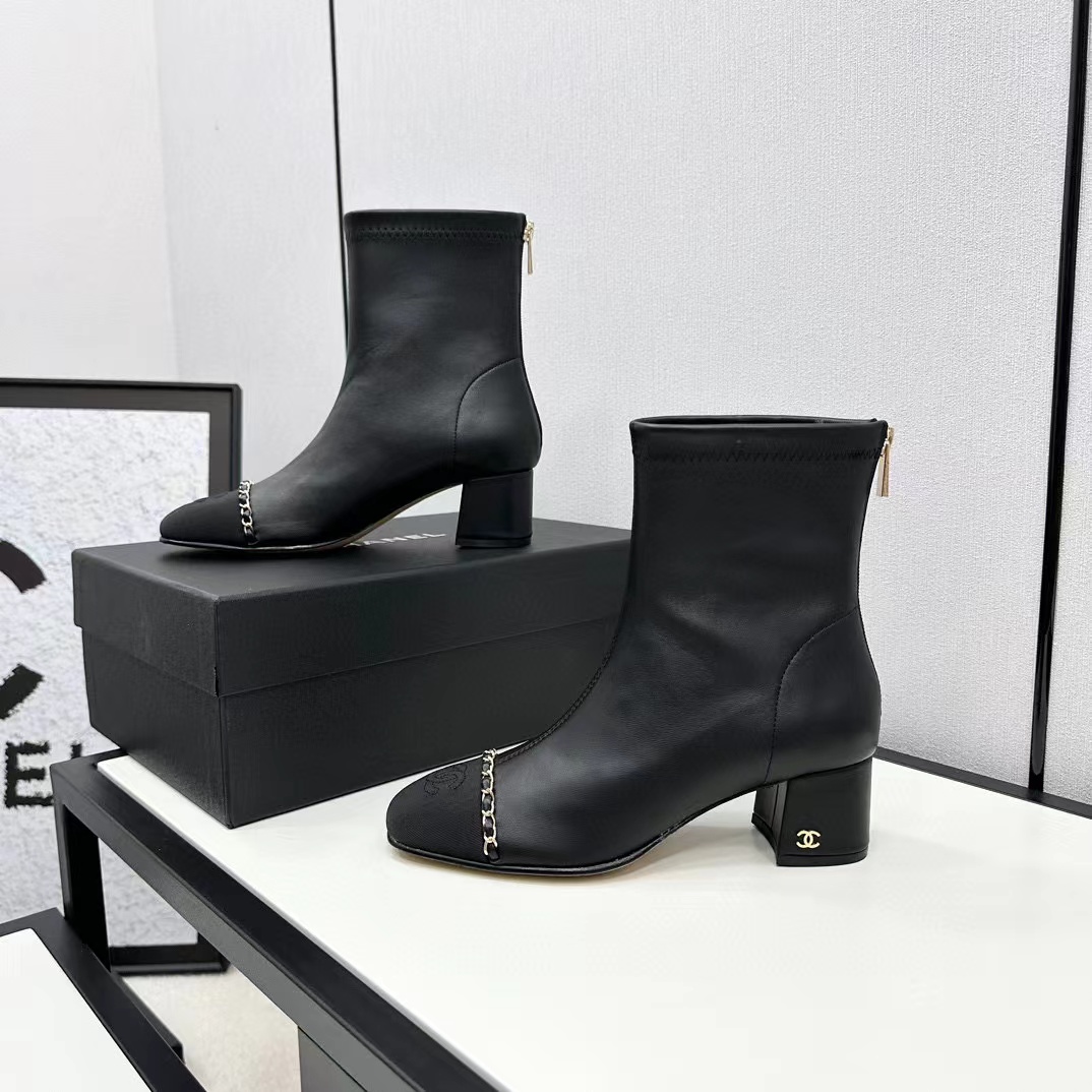 CHANE1 高品質 スクエアトゥ 太ヒール チェーンショートブーツ【50％割引+送料無料】