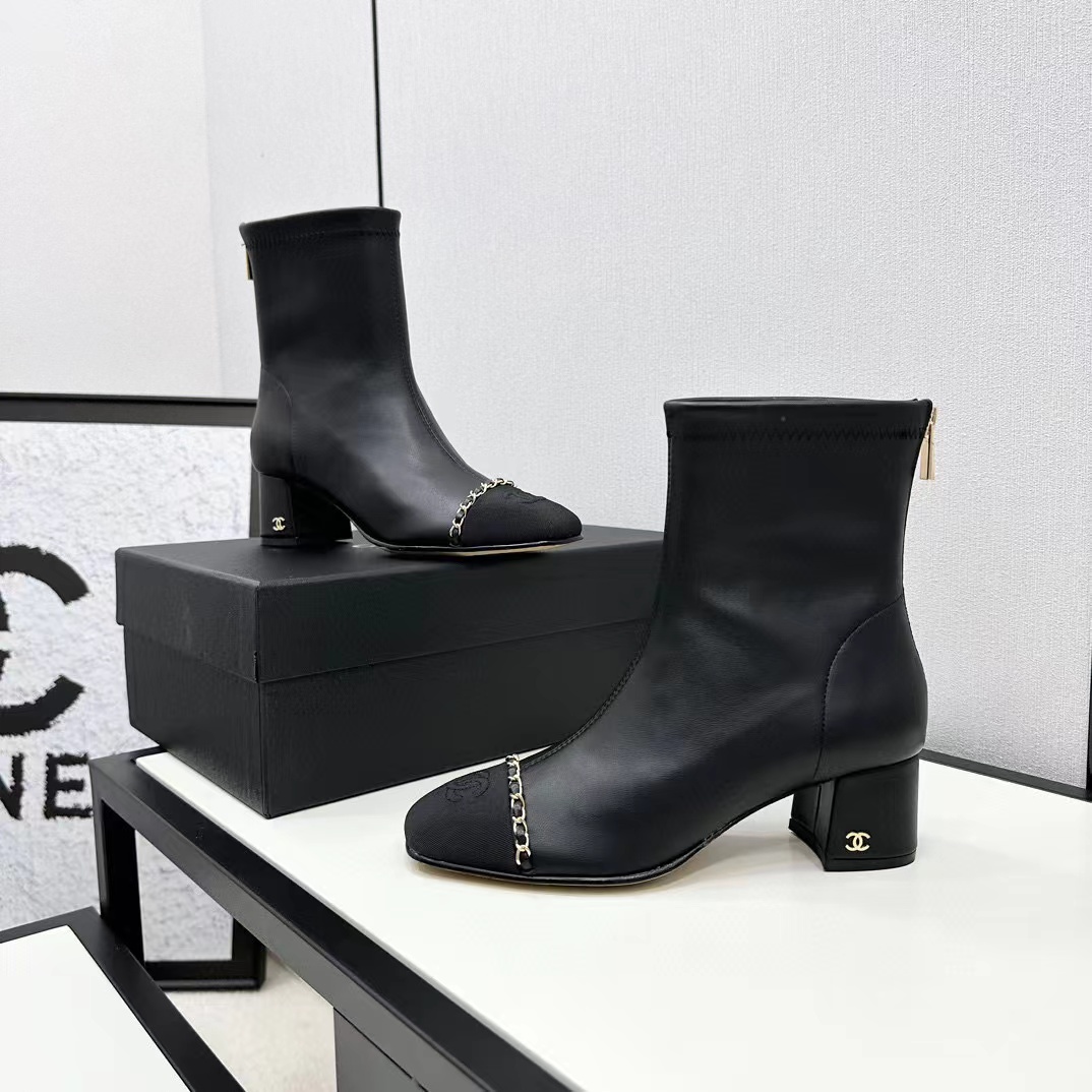 CHANE1 高品質 スクエアトゥ 太ヒール チェーンショートブーツ【50％割引+送料無料】