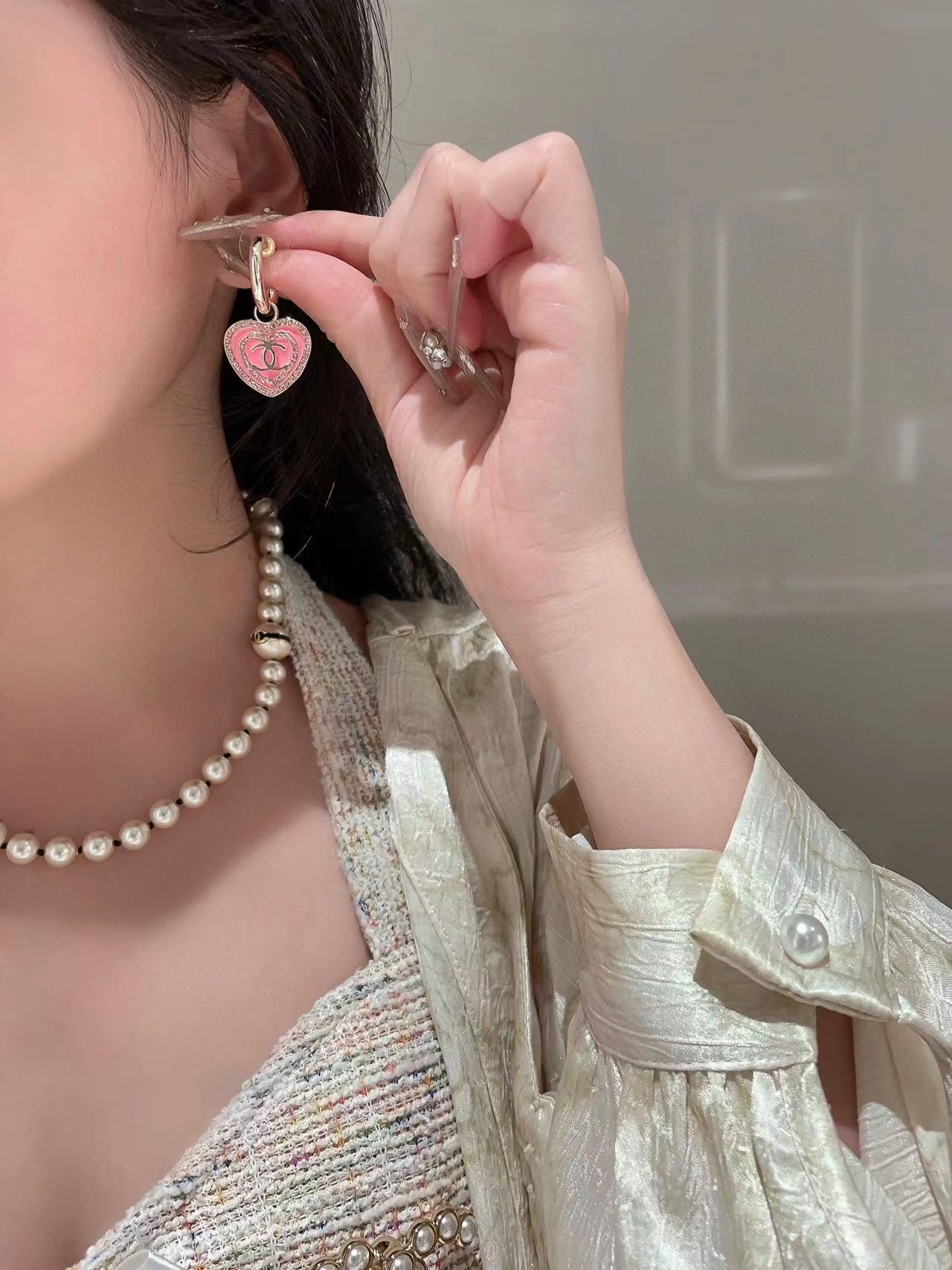 CHANE1 ピンク ハート ダブル C ピアス【50％割引+送料無料】