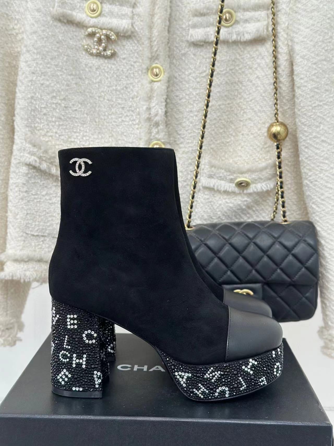 CHANE1 高品質防水プラットフォームシープスキンラインストーン太ヒールショートブーツ【50％割引+送料無料】