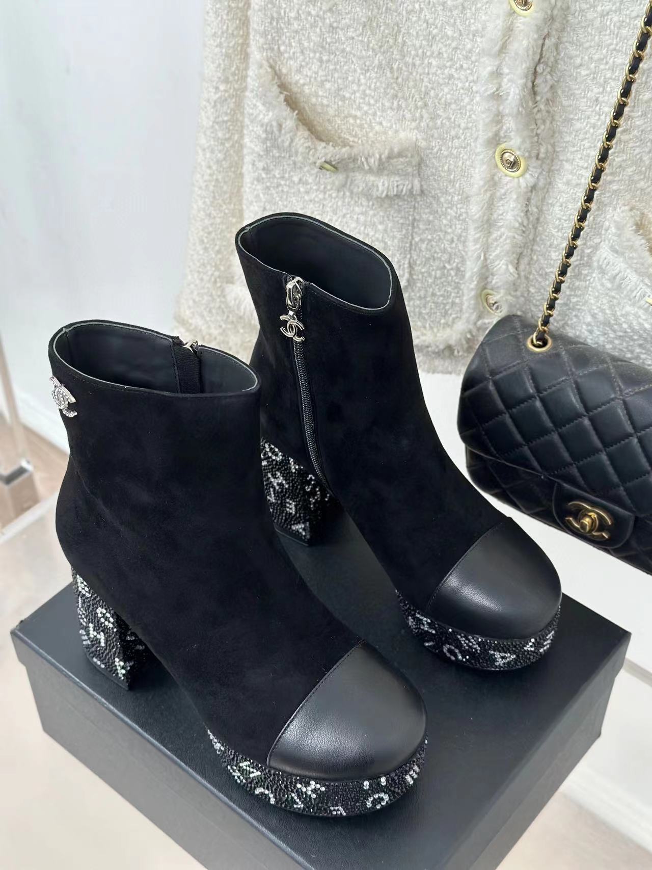 CHANE1 高品質防水プラットフォームシープスキンラインストーン太ヒールショートブーツ【50％割引+送料無料】