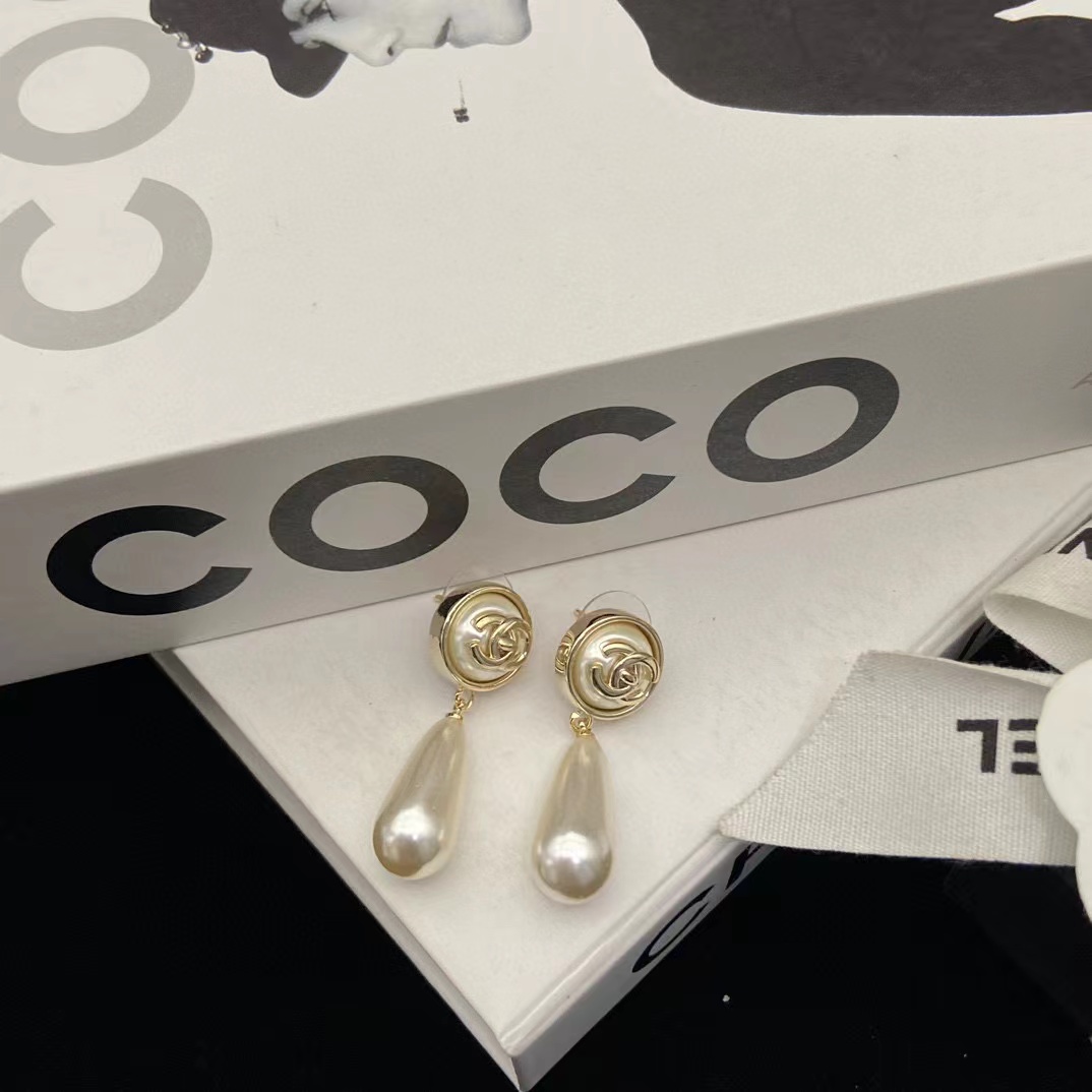 CHANE1 ラウンド ダブル C パール ペンダント イヤリング【50％割引+送料無料】