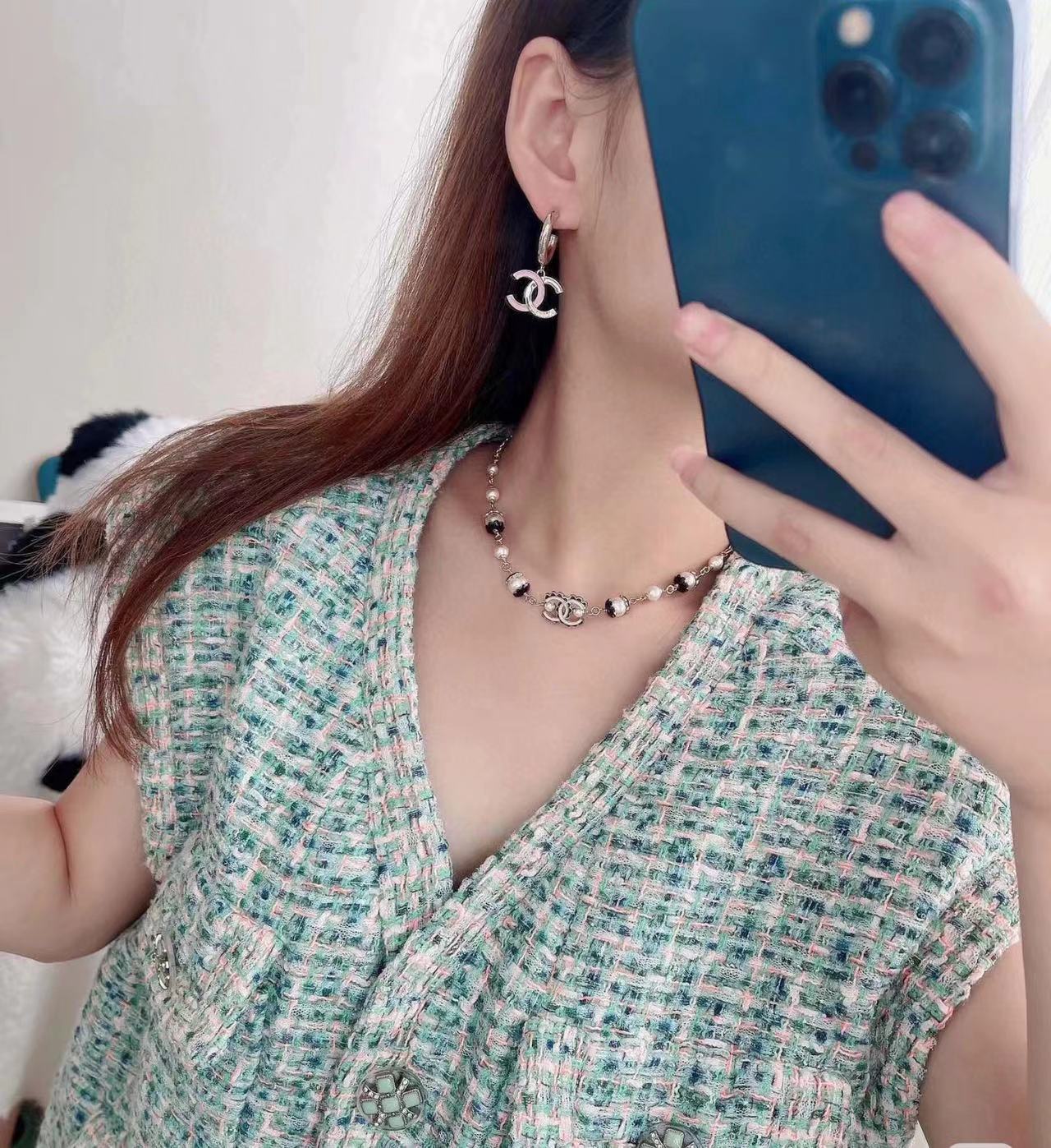 CHANE1 黒白ダブルCレター オイルドロップエナメルパールネックレス【50％割引+送料無料】