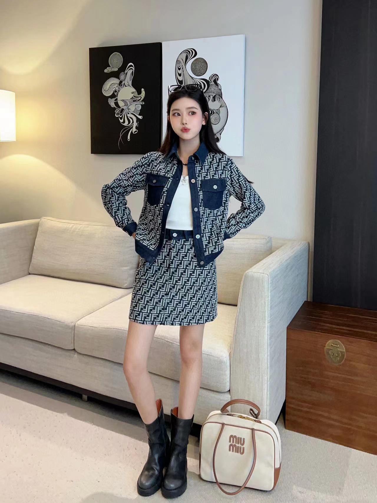 FEND1 高級デニムジャケット+スカート2点セット【50％割引+送料無料】