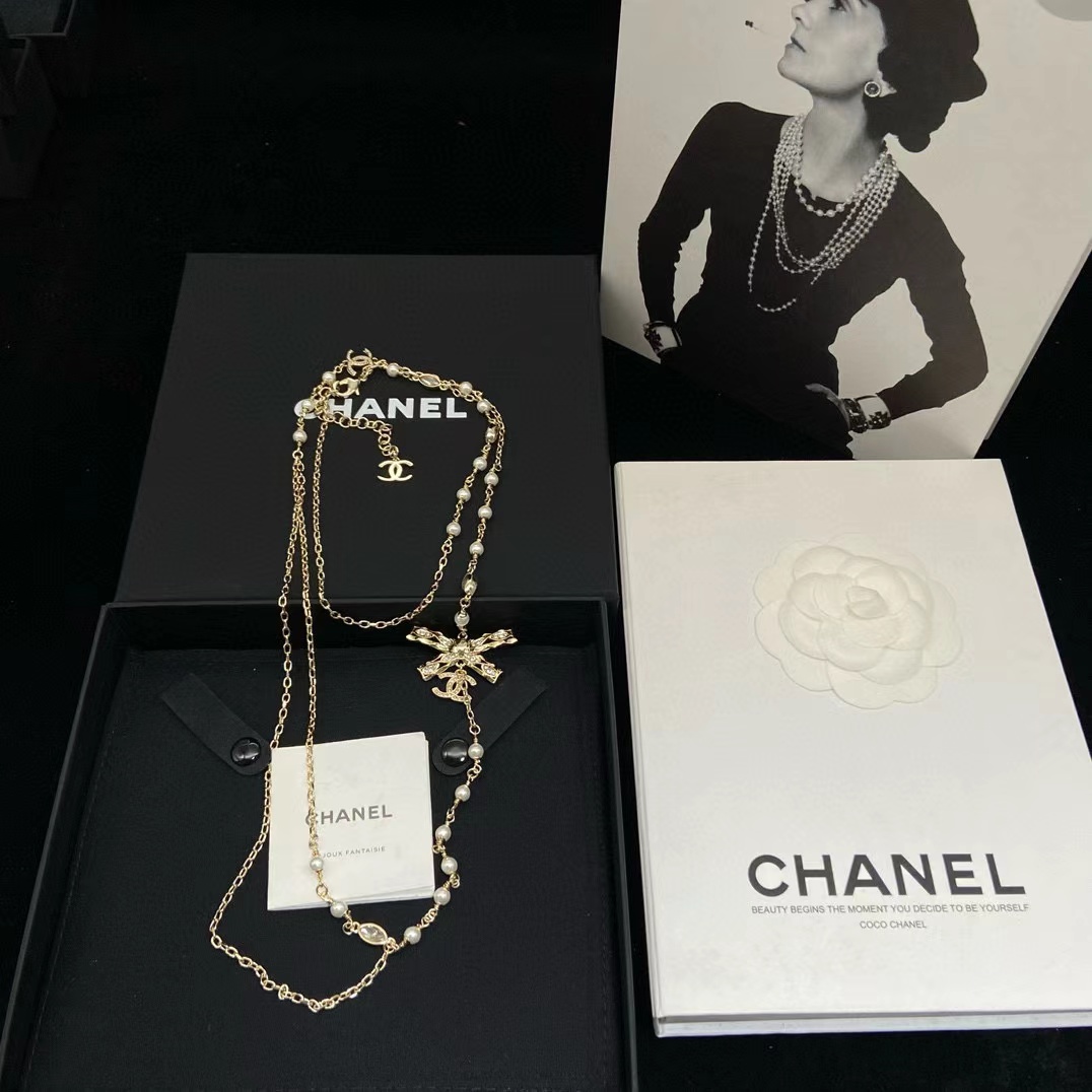 CHANE1 ボウ ダブル C パール セーター チェーン【50％割引+送料無料】