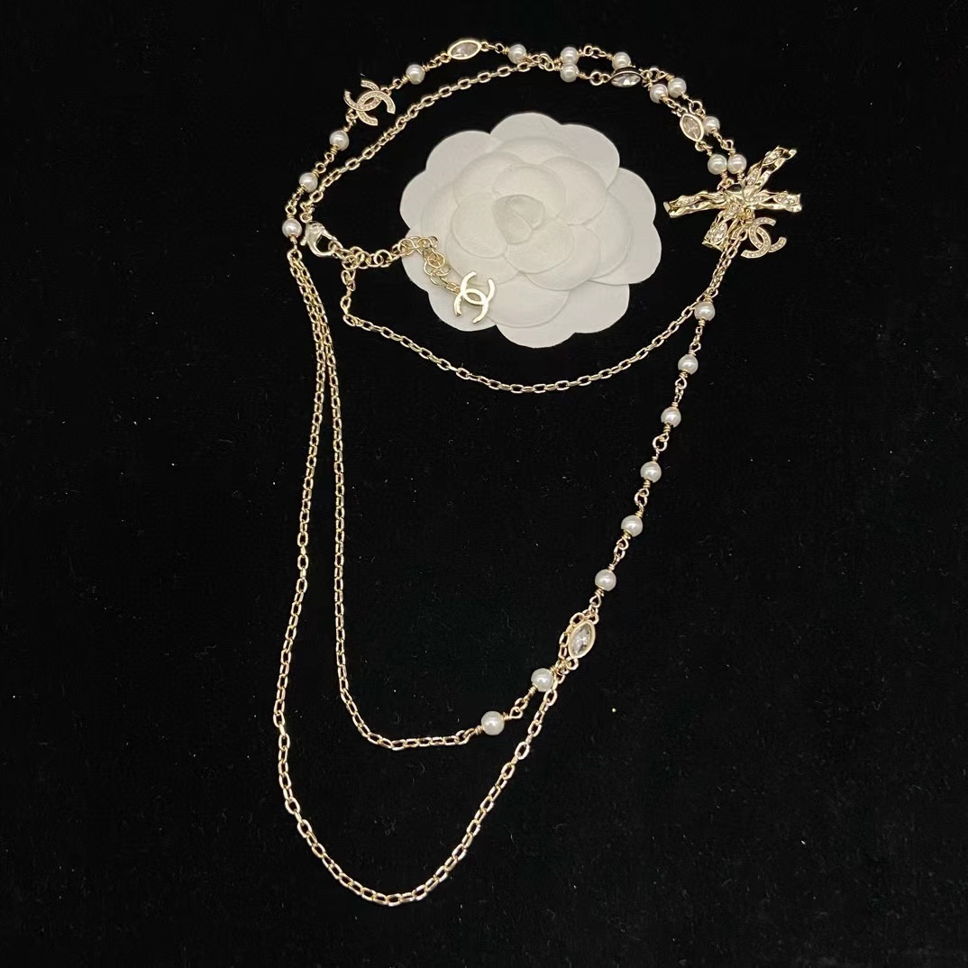 CHANE1 ボウ ダブル C パール セーター チェーン【50％割引+送料無料】