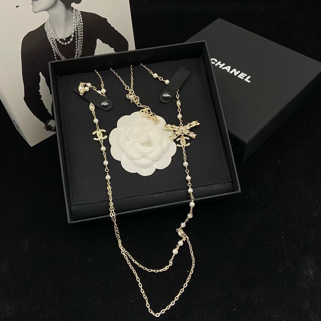 CHANE1 ボウ ダブル C パール セーター チェーン【50％割引+送料無料】