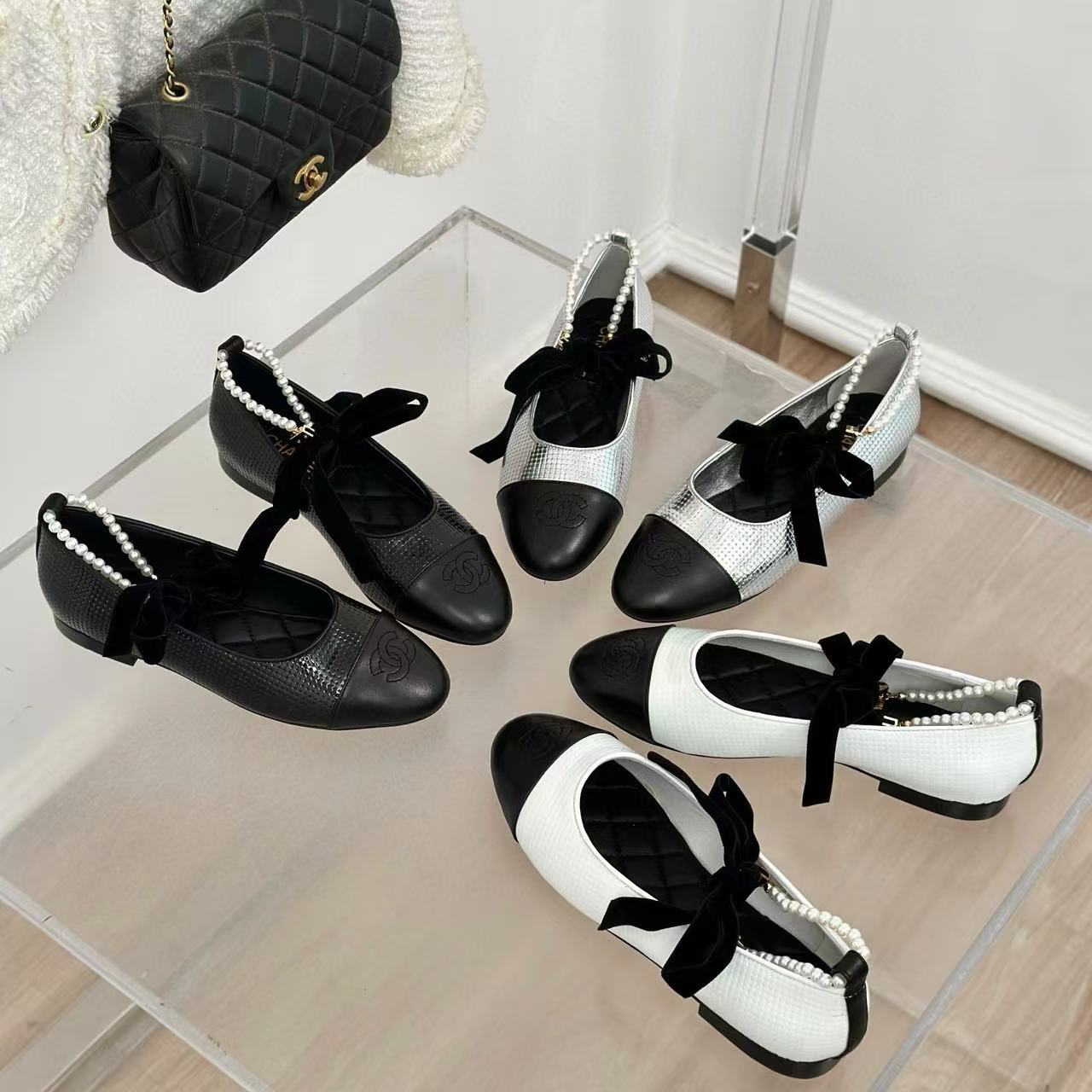 CHANE1 高品質カラーブロックパールフラットシューズ【50％割引+送料無料】