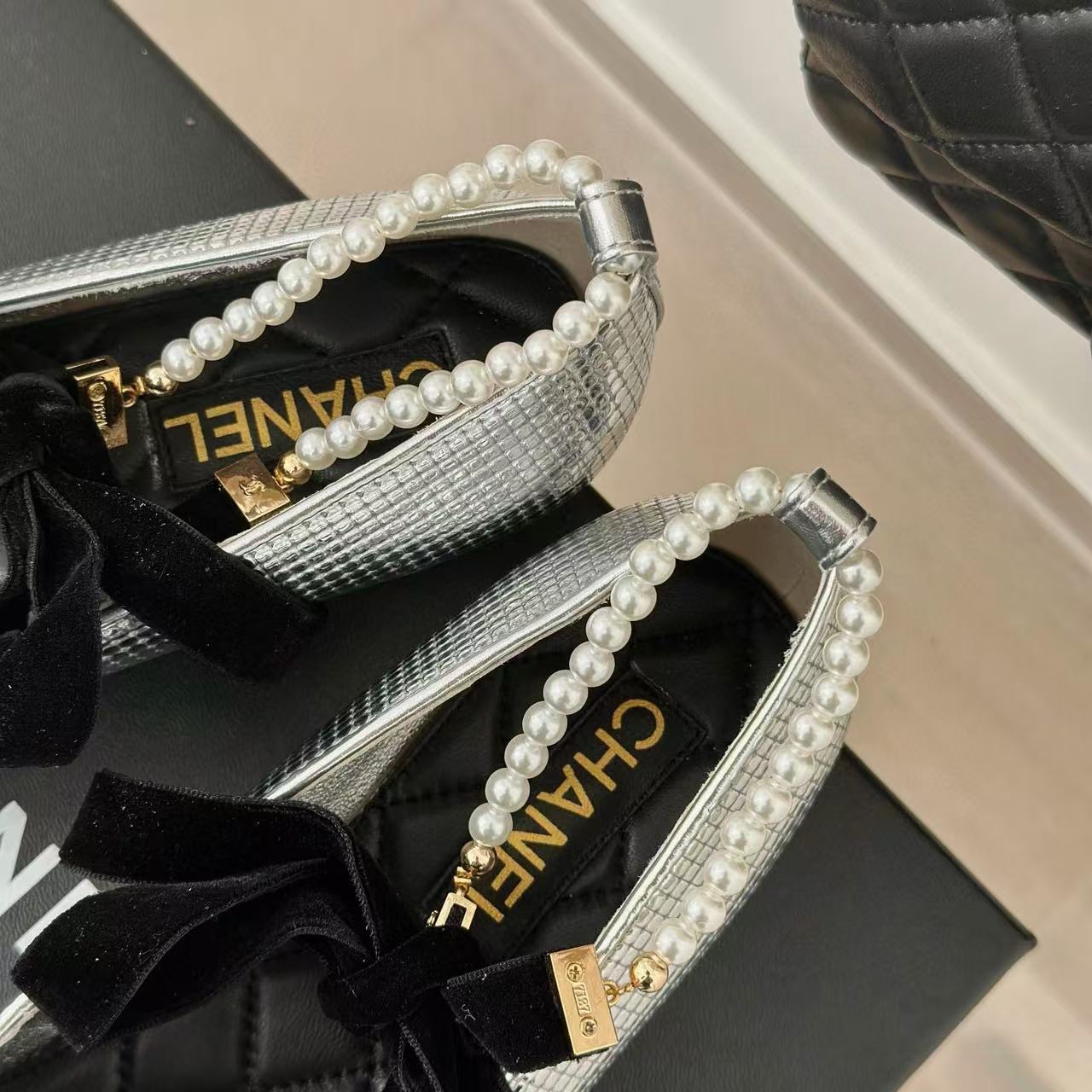 CHANE1 高品質カラーブロックパールフラットシューズ【50％割引+送料無料】