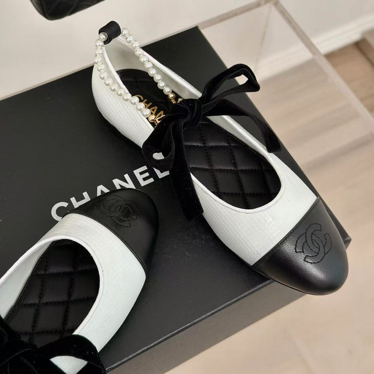 CHANE1 高品質カラーブロックパールフラットシューズ【50％割引+送料無料】