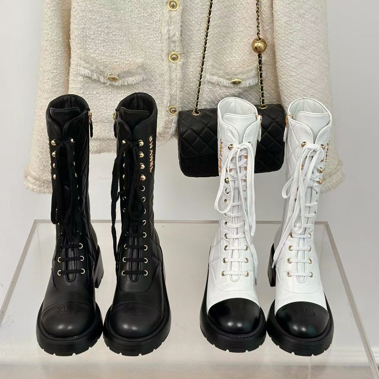 CHANE1 高品質ダブルCレターレースアップ太ヒールミッドカーフブーツ【50％割引+送料無料】